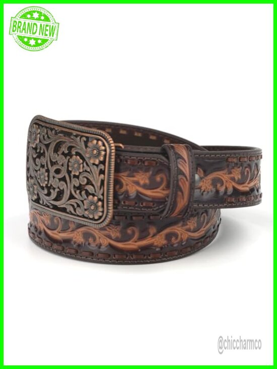 Women\'s Rhinestones Embossed Leather Belt with Floral Design